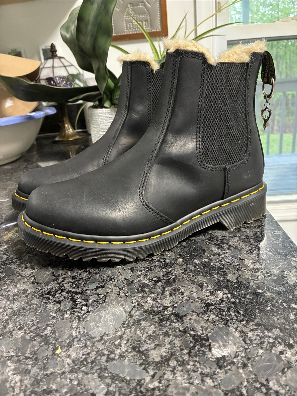 Dr. Martens Black Leather Fur-Lined Chelsea Booties with Yellow Stitching